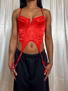 Finesse Red Satin Floral Jacquard Garter Corset Top
